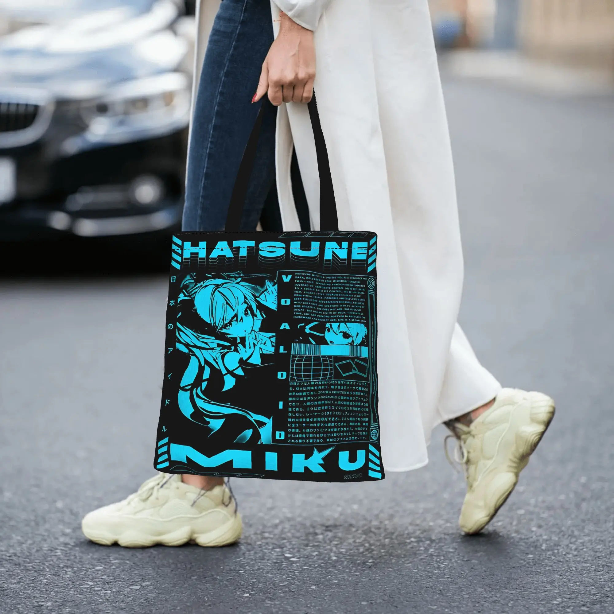 Customized Hatsune Miku Cartoon Singer Women's Bag Shopping Bag Reusable Double Sided Canvas Tote Bag Shoulder  Handbag
