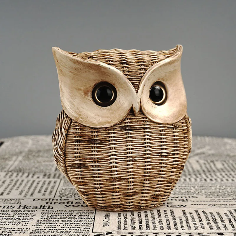 NORTHEUINS Resin Wise Night Owl Biomimetic Rattan Weaving Figurines Animal Statue Retro Art Ornaments Home Interior Decorations