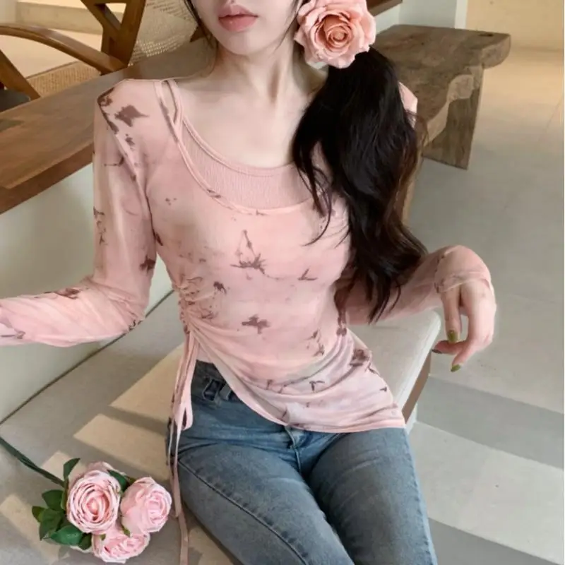 

Summer Unique Print Mesh Sun Protection Vest Women's Drawstring Top Fashionable Casual Sportswear Set