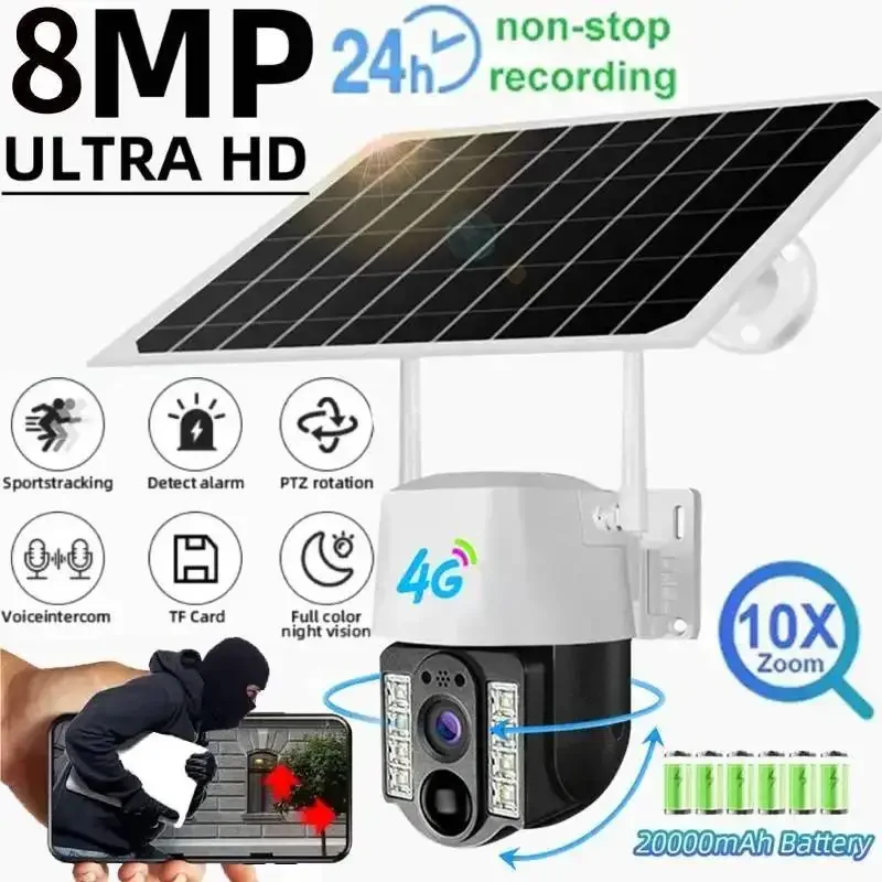 

8MP 4K Solar Camera 4G Sim Card Surveillance Camera Outdoor 2-Way Audio with Solar Panel PIR AI Detection Smart Night Vision Cam