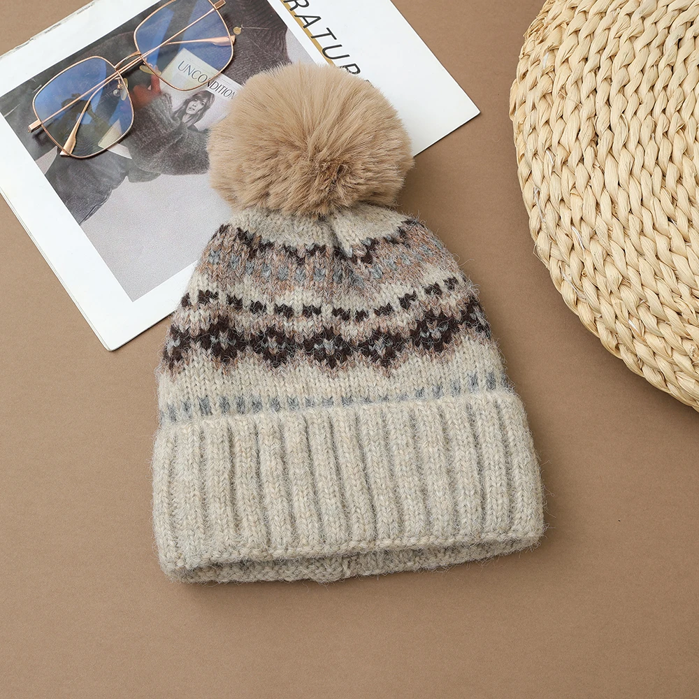 المرأة الشتاء قبعة دافئة غزل سميك جديد الجاكار قبعات منسوجة موضة الفراء الكرة قبعة زوجين قبعات #2