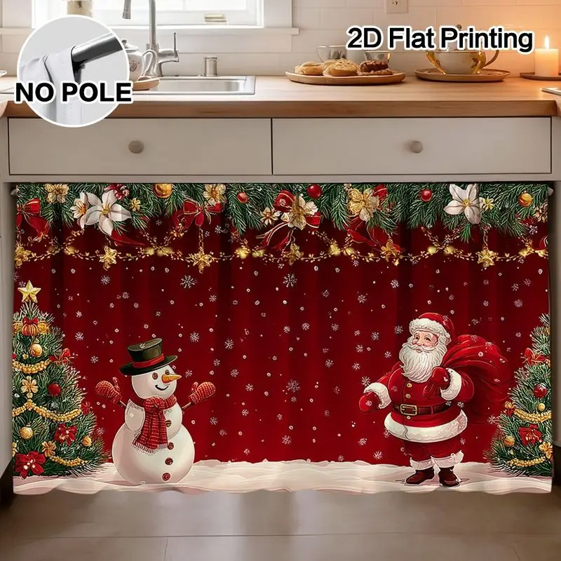 VIKAMA Christmas Cabinet Curtain Red Snowman Santa Tree Print Shelf Cover Kitchen Sink Curtain No Pole 2D Flat Holiday Decor