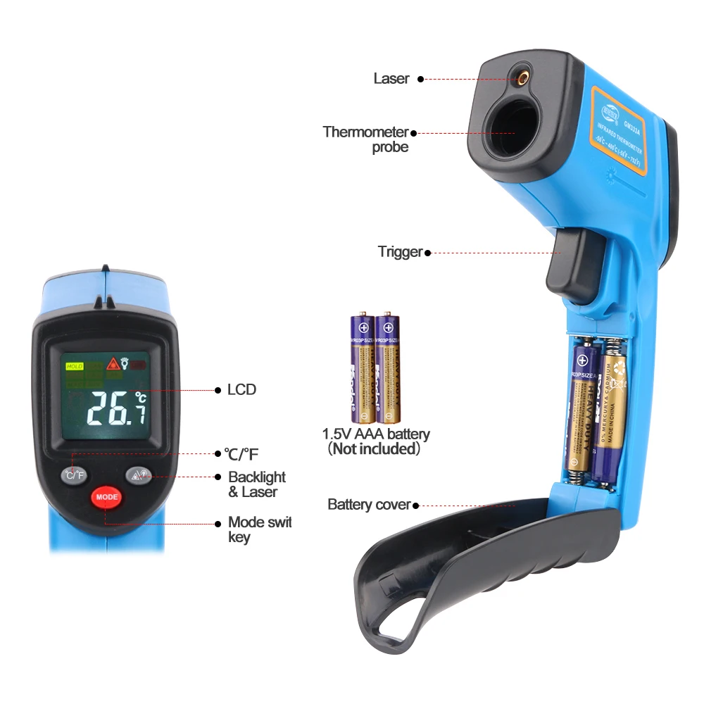 BENETECH GM termômetro Infravermelho Sem contato Pyrometer IR laser ponto gun IR Pyrometer termômetro-58 ~ 752 °F alta temperatura