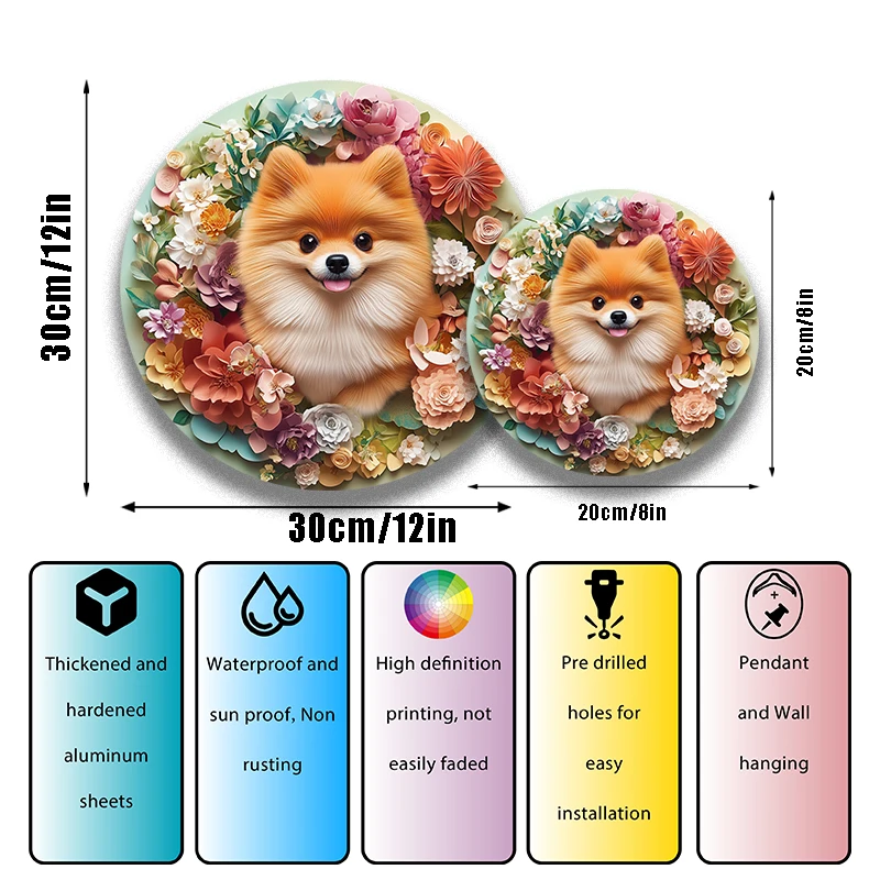 Adornos personalizados impermeables para mascotas, pinturas decorativas circulares de aluminio personalizadas y lápidas de recuerdo para Pomerania