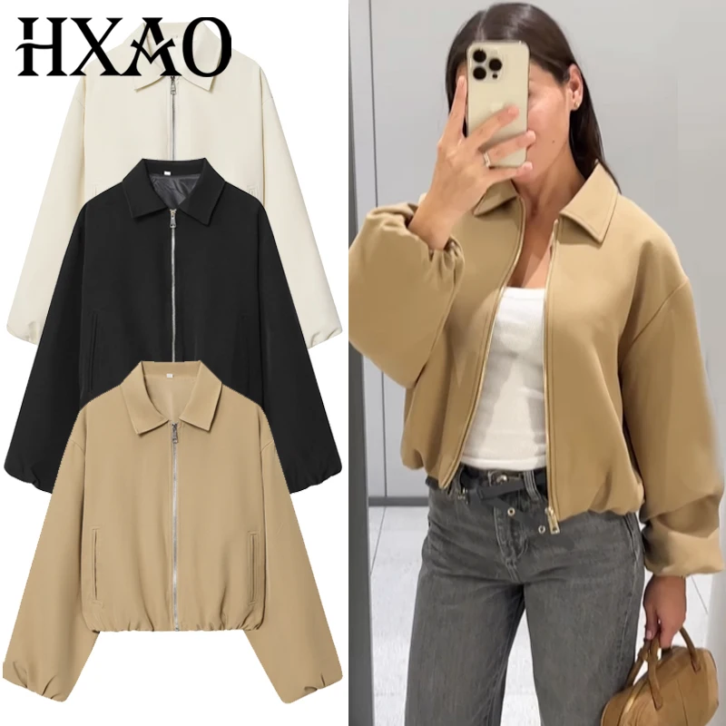 

HXAO женские куртки, осень 19925, бежевая куртка-бомбер, укороченное пальто большого размера, топы на молнии с длинными рукавами, шикарная пышная верхняя одежда