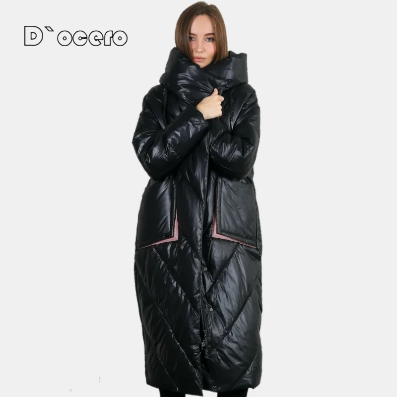 D`OCERO 2022 Fashion Loose Women\'s Winter Down Jacket Hooded Warm Winter Coat Large Size Parkas Female Big Pockets Long Overcoat