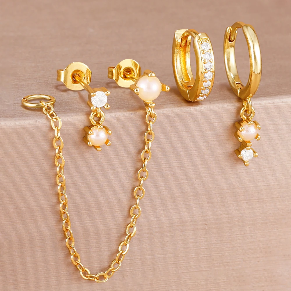 4PCS Hypoallergenic Earrings Set No Tarnish Layered Look Pearl Drop Earrings Dainty Design Stack Earrings Fashion Accessory