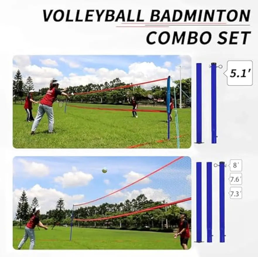 Adjustable Volleyball & Badminton Combo Set with Net, Racquets, Bag for Backyard Family Fun