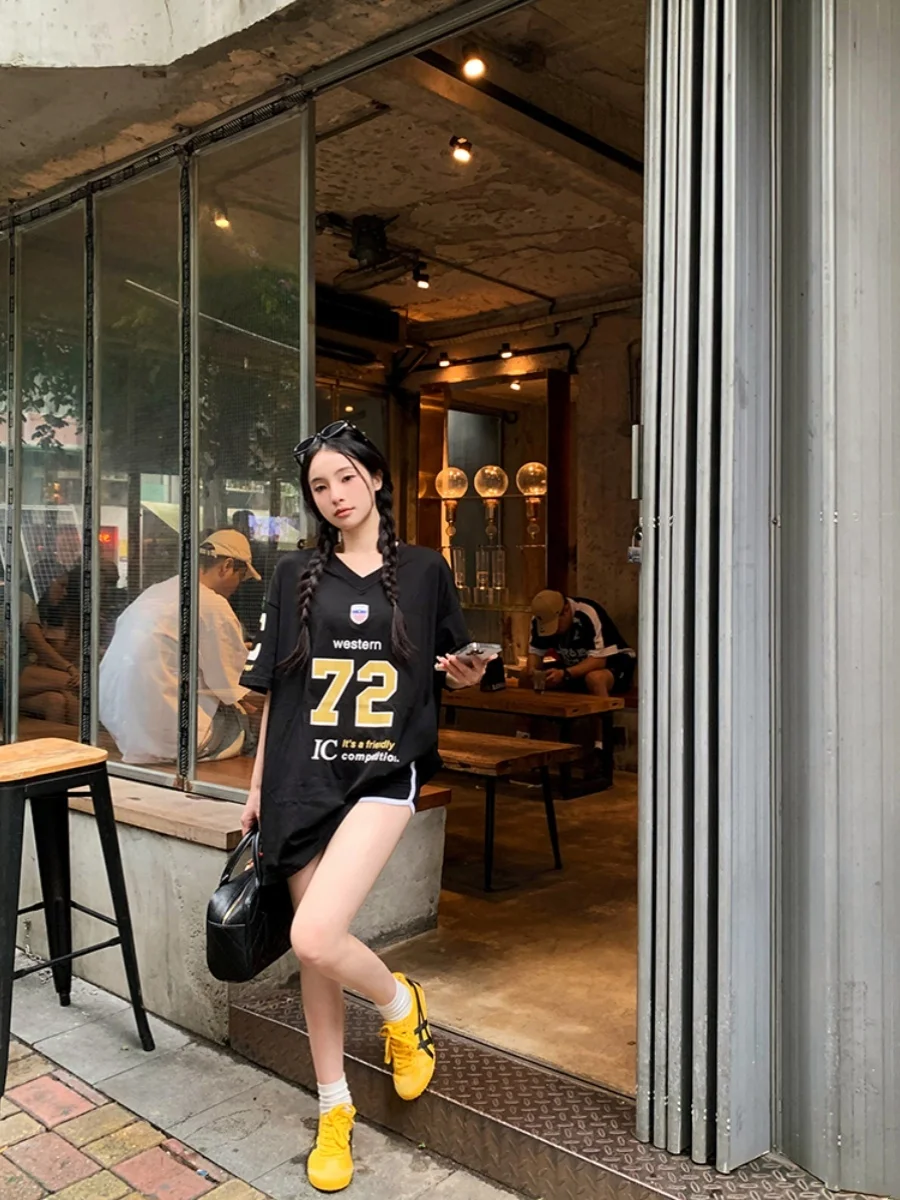 

Летняя женская футболка с буквенным принтом контрастного цвета, белая накидка, универсальный топ, модные топы с короткими рукавами в американском стиле ретро, футболка