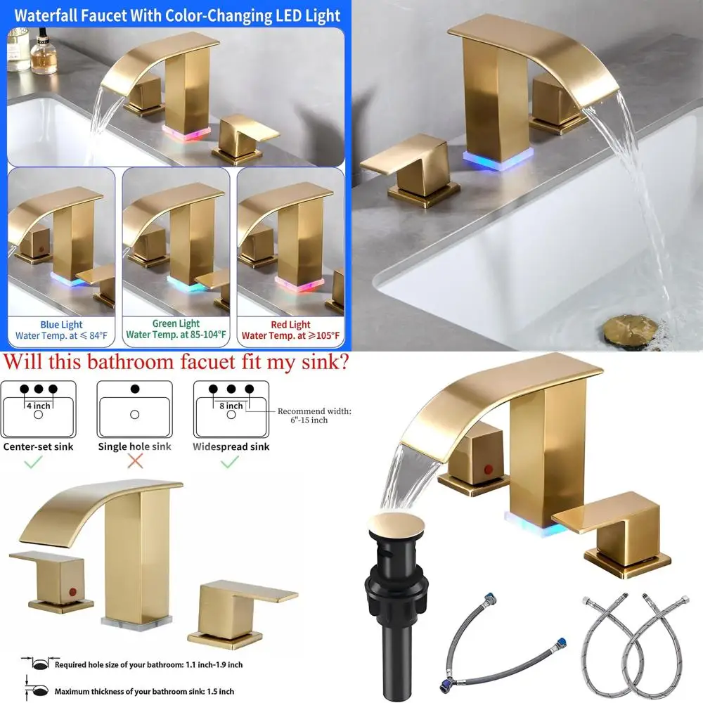 

Modern 3-Hole 2-Handle Brushed Gold LED Bathroom Sink Faucet, 8 Widespread Vanity Fixture