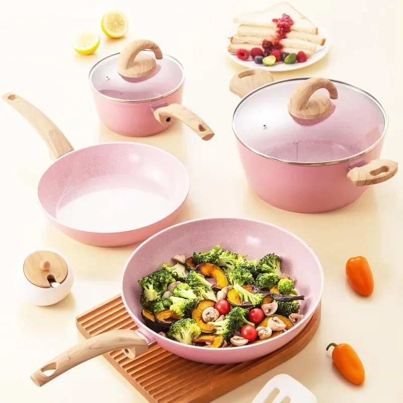 Pink Pots and Pans Set Non Stick, Ceramic Cookware Set with Granite Pattern Kitchen Cooking Sets Induction Pot and Pan