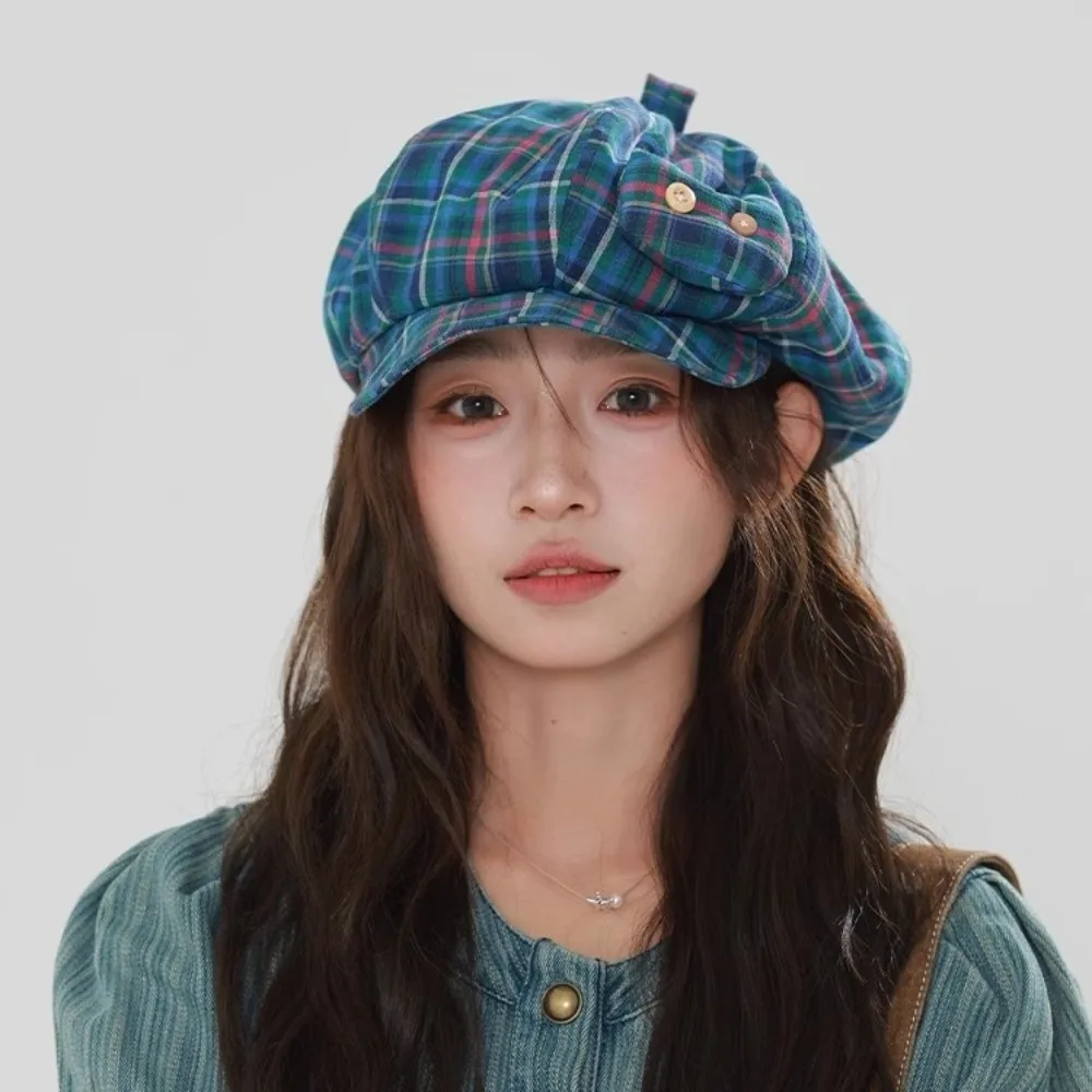 

Casual Korean Style Japanese Button Hat Sun Protection Short Brim Octagonal Caps Cute Sweet Plaid Cloud Berets Girls