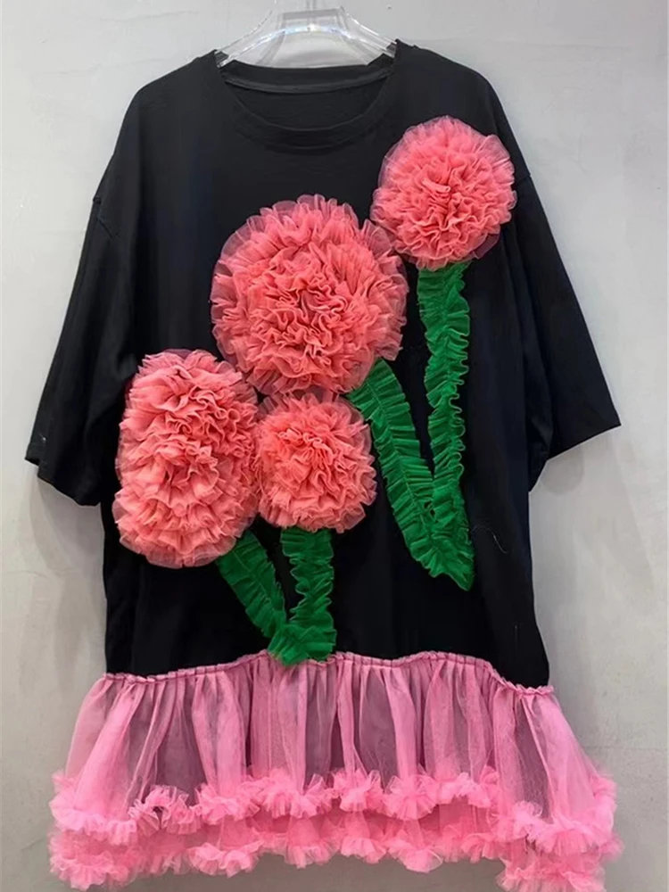 Imagem -06 - Mulheres 3d Flores Ruffles O-neck T-shirt Dress Patchwork de Gaze Plissado Edge Jumpers Vestidos de Verão