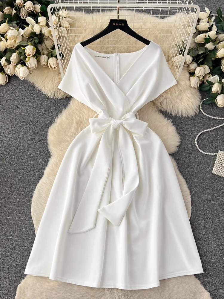 

Women Elegant White Black Dress Summer High Waist Bow Lace-up Evening Party Dresses Chic Ladies A-line Vintage Long Robe