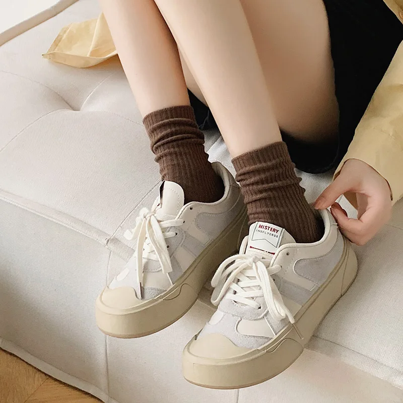 1 Pairs Women Socks Double Needle Simple Solid Color Pure Girl Retro Japanese Style Classical Medium Tube Loose Socks Cotton