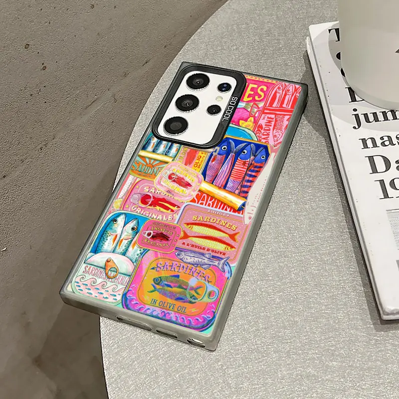 

For Samsung Galaxy S24 S23 Ultra Plus FE S25 S22 Ultra Plus S21 FE Laser Phone Case Fish Funny Sardines Shockproof Back Covers