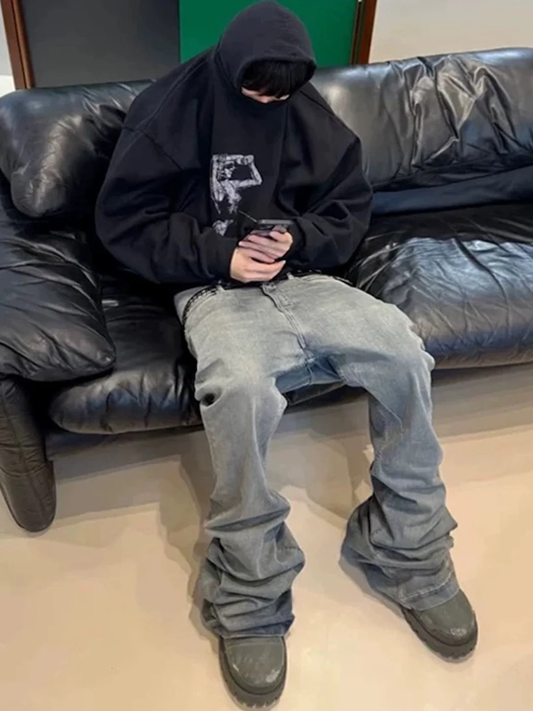 

Retro Waed Blue Bell Bot Slim Wide Leg Floor Length Jeans Distred Denim Men Women Casual Straight Cut Loose Fit