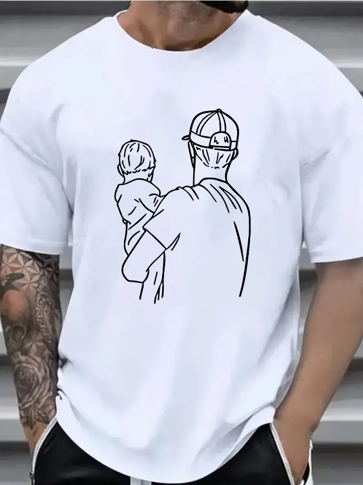 Camiseta Masculina de Algodão com Estampa de Arte Linear 'Pai e Bebê', Manga Curta, Casual, Macia, Solta, para o Dia a Dia, Estilo Urbano, Verão, Melhor Presente para o Papai, Camiseta Básica