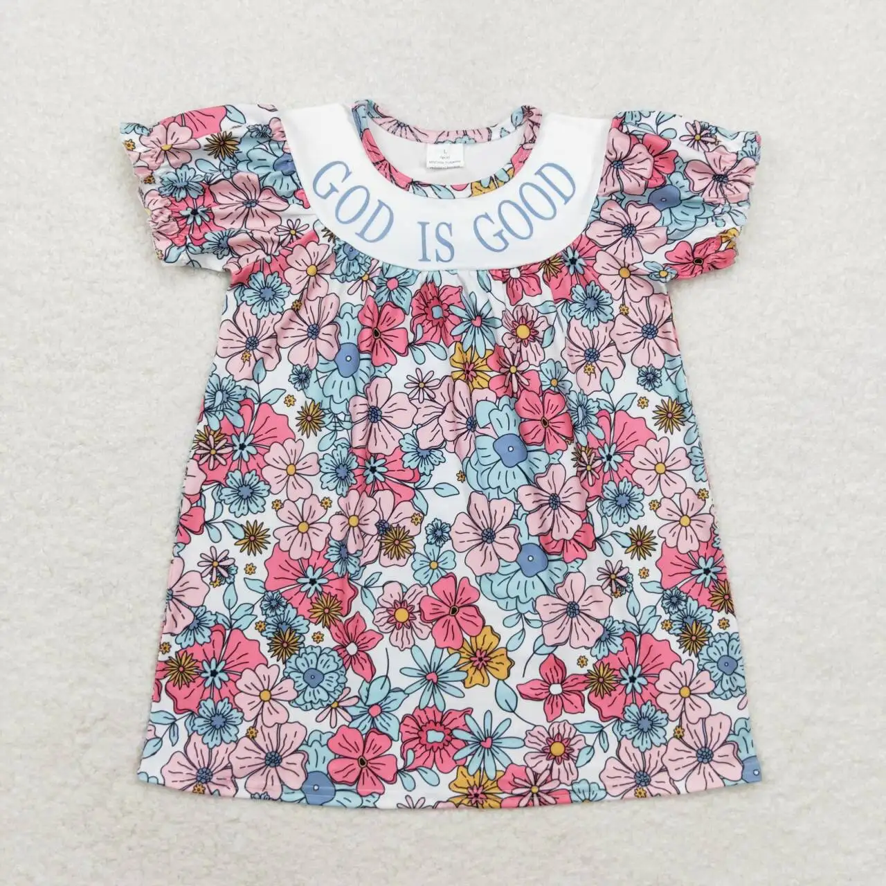 GSD1386Fashionable Kids Dress For Girls Short Sleeve Top god is good flowers beige Print With Dress  Children Clothes Rts No Moq