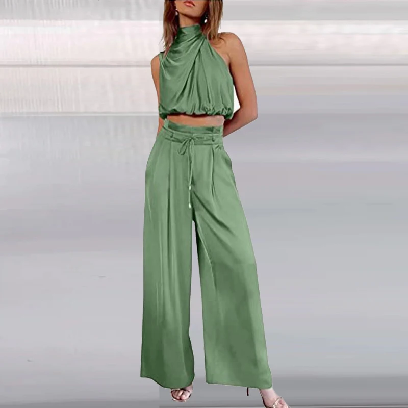 

Women Solid Color Halter Neck Cropped Top And Wide Leg Pants Two Piece Sets Summer Silk Pleated Texture Sleeveless Matching Sets