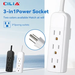 Power strip with flat plug, US Standard - 3 ground sockets, heavy duty braided extension cord Flat plug mounting socket strip