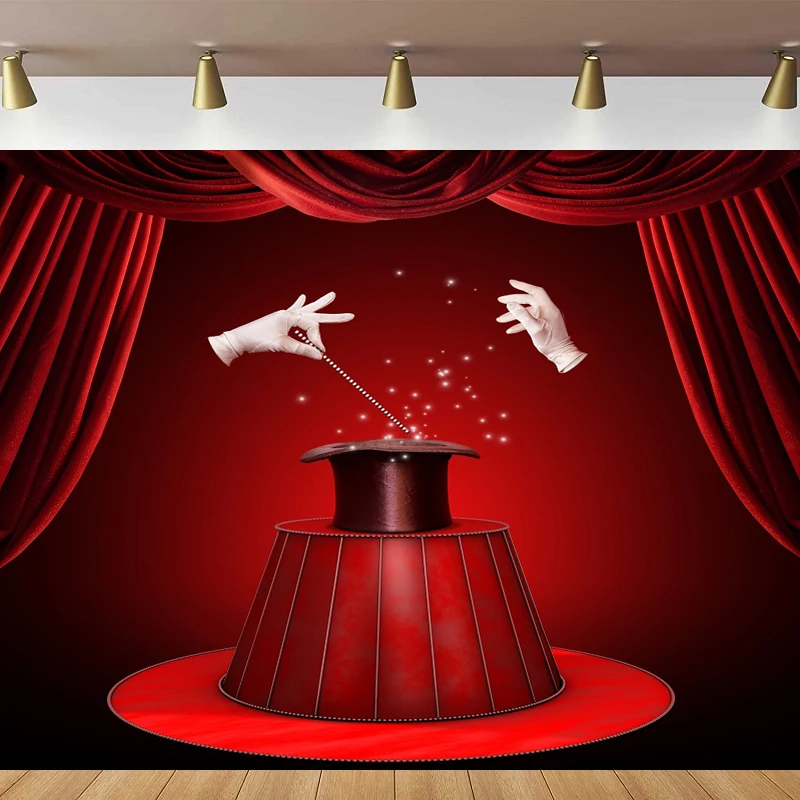 Magic Show Photography Backdrop Circus Red Curtain White Gloves Black Hat Theater Background Magician Kids Adults Photo Studio