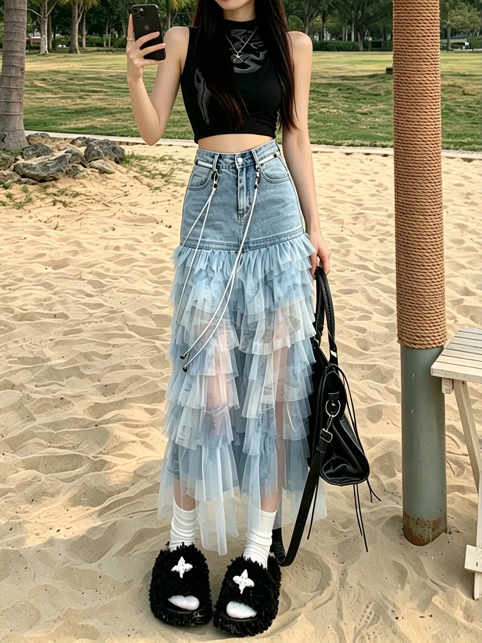 Design Sensation Denim Mesh Splicing Half Skirt Women's Summer 2026 New Versatile Draped Cake A-Line Long Skirt