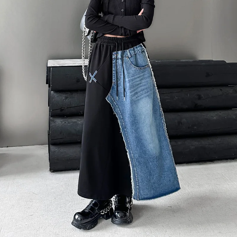 Long Skirt Women Patchwork Denim Skirts Elastic Waist Drawstring Lace Up Pockets Vintage Washed Streetwear Female A Line