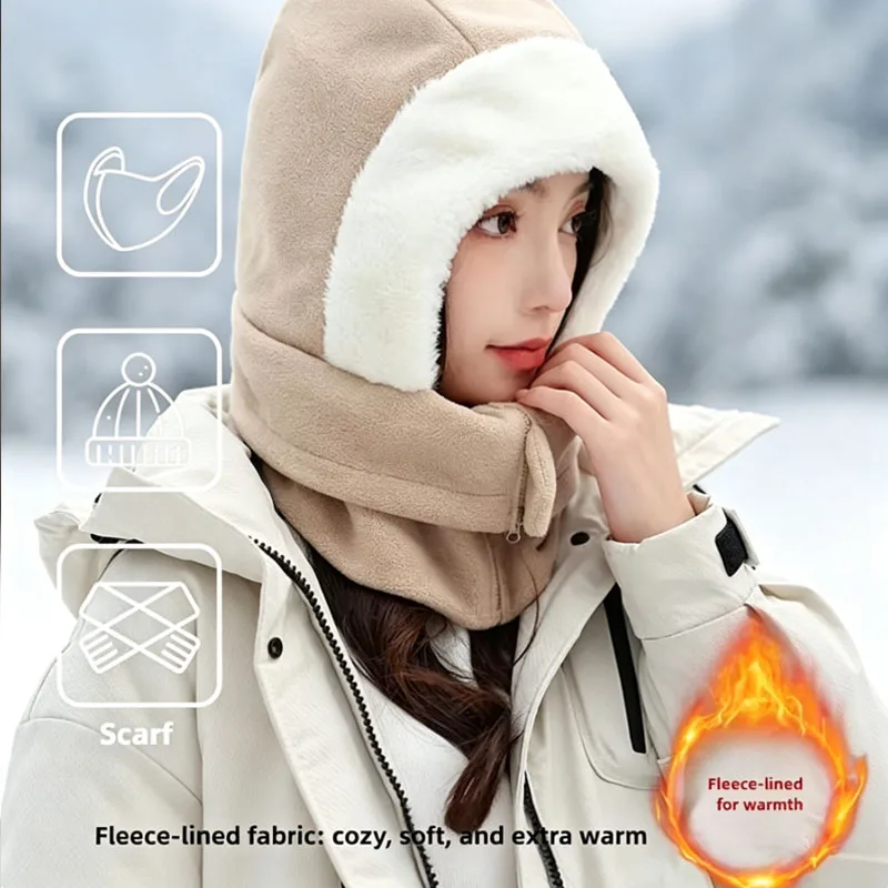 1Set Winter Warm Thick Soft Fleece Lined Adjustable Zipper Windproof Integrated Hood for Outdoor Cycling Protective Sports Gear