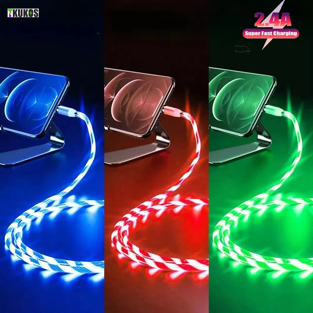 2.4A LED USB Cable For iPhone 14 13 12 11 Pro Max X XR 6s 7 8 Plus 1m 2m Lead Mobile Phone Fast Charging Cord Data Charger Wire