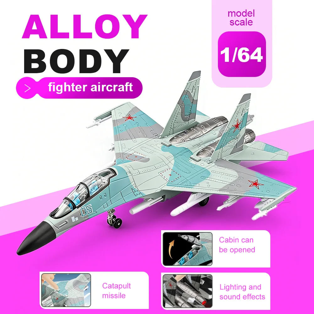 

1:64 SU-35 Fighter Jet Aircraft Model Toys Metal Diecast Sound Light Pull Back Catapult Missile Military Models for Boys Gifts