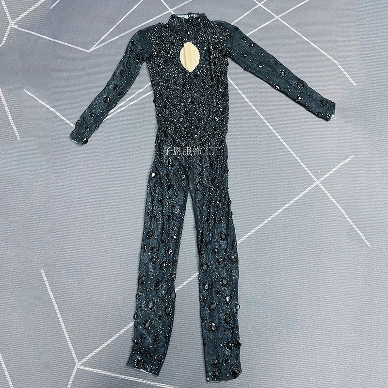 Błyszczący kombinezon taneczny z dżetami, czarny kombinezon z długim rękawem, strój do klubu nocnego Gogo, odzież taneczna Ds, strój sceniczny dla piosenkarki VDL3733