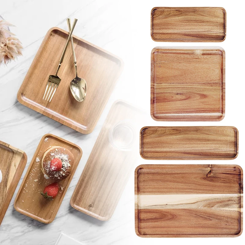 4 Sizes Natural Wooden Serving Tray Square/Rectangular  Wood Plate Food Fruit Dessert Tea Storage Trays Supplies for Hotel Home