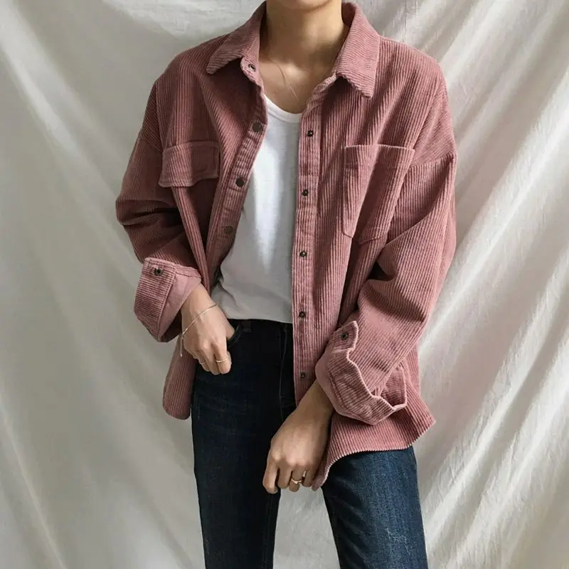 Casual Style Long Sleeve Corduroy Shirt Women's Outerwear Spring Autumn Versatile Loose Fit Button up Fashionable