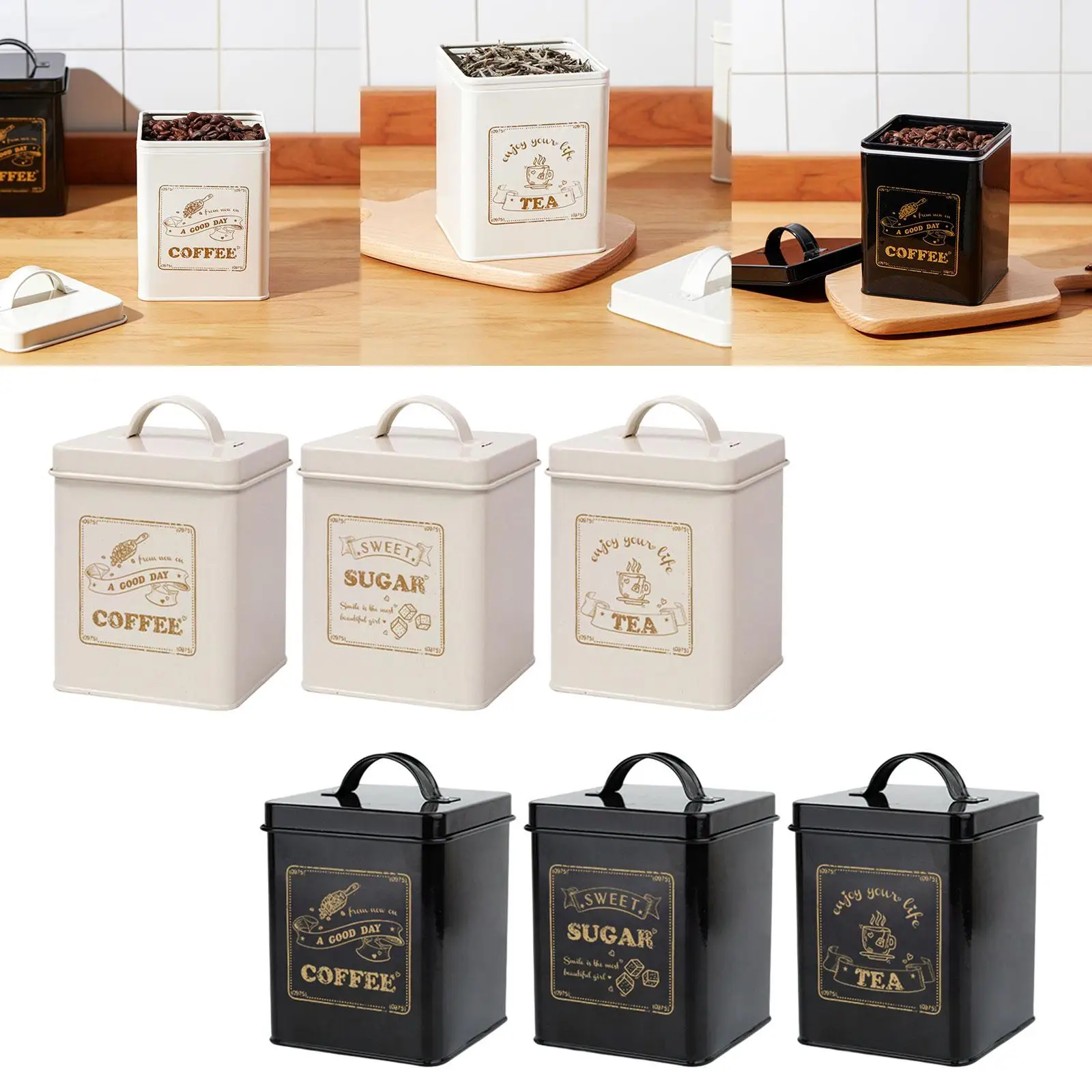 3 Pieces Decorative Kitchen Canisters with Lids 1.5L Square Box Vintage Canisters Tea Sugar Coffee Container for Cafe Livingroom