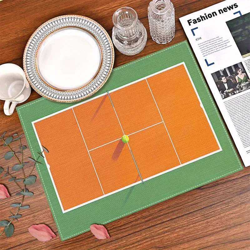 Tennis Court Racket Print Linen Placemats, Heat-Insulating & Stain-Resistant, Home Dining Table Mats for Daily Use