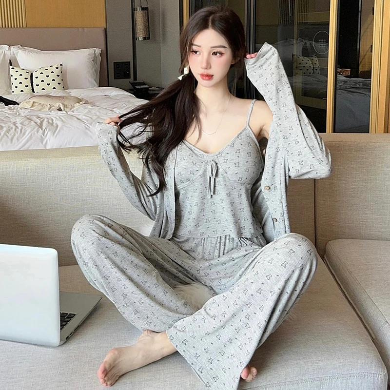 

Комплекты пижам с брюками для женщин: хлопковая одежда для сна в современном западном стиле, дышащая, натуральная, для весны, повседневная, шикарная домашняя одежда