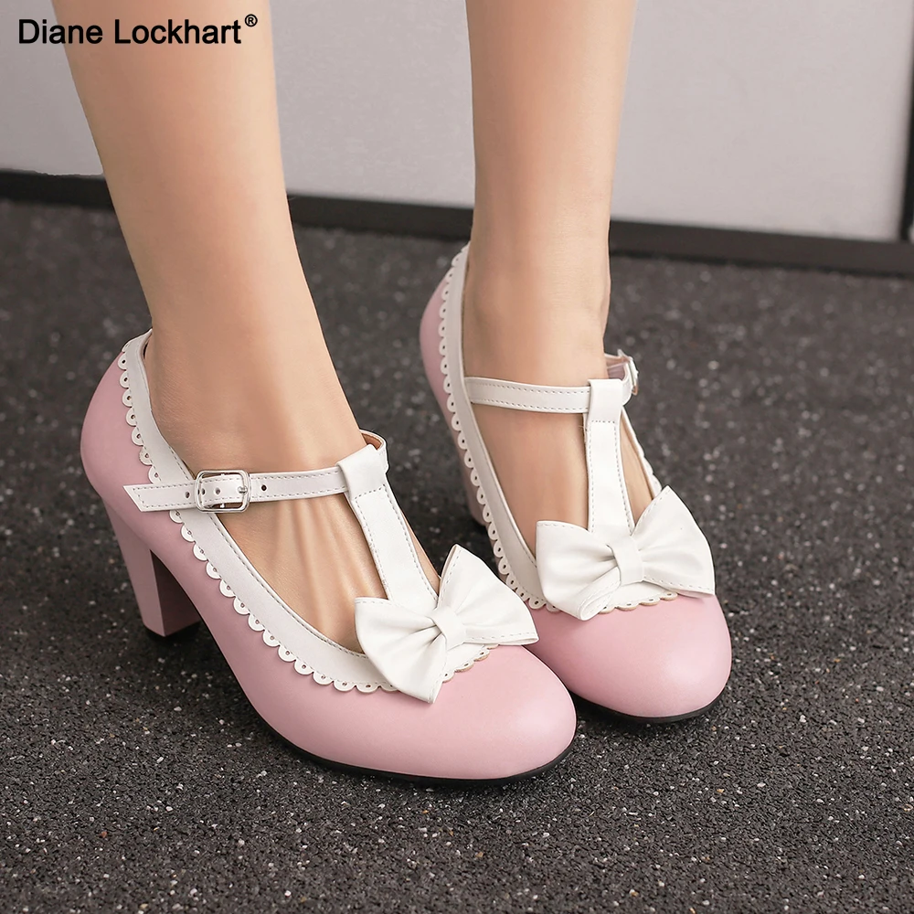 

Vintage Women's Shoes Plus Size Bow High Heel Shoes Round Toe T-Strap Heels Women Platform pumps with bow party wedding Footwear