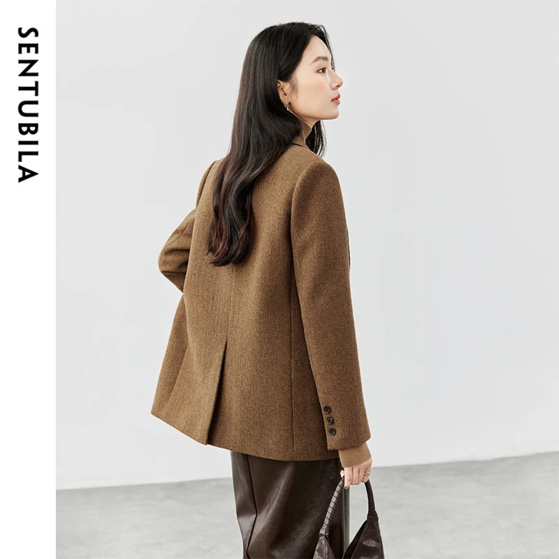 SENTUBILA Women Thick Wool Blazer Jacket 2024 Winter Solid Single Breasted Office Lady Work Business Tailoring Coat 144X56897