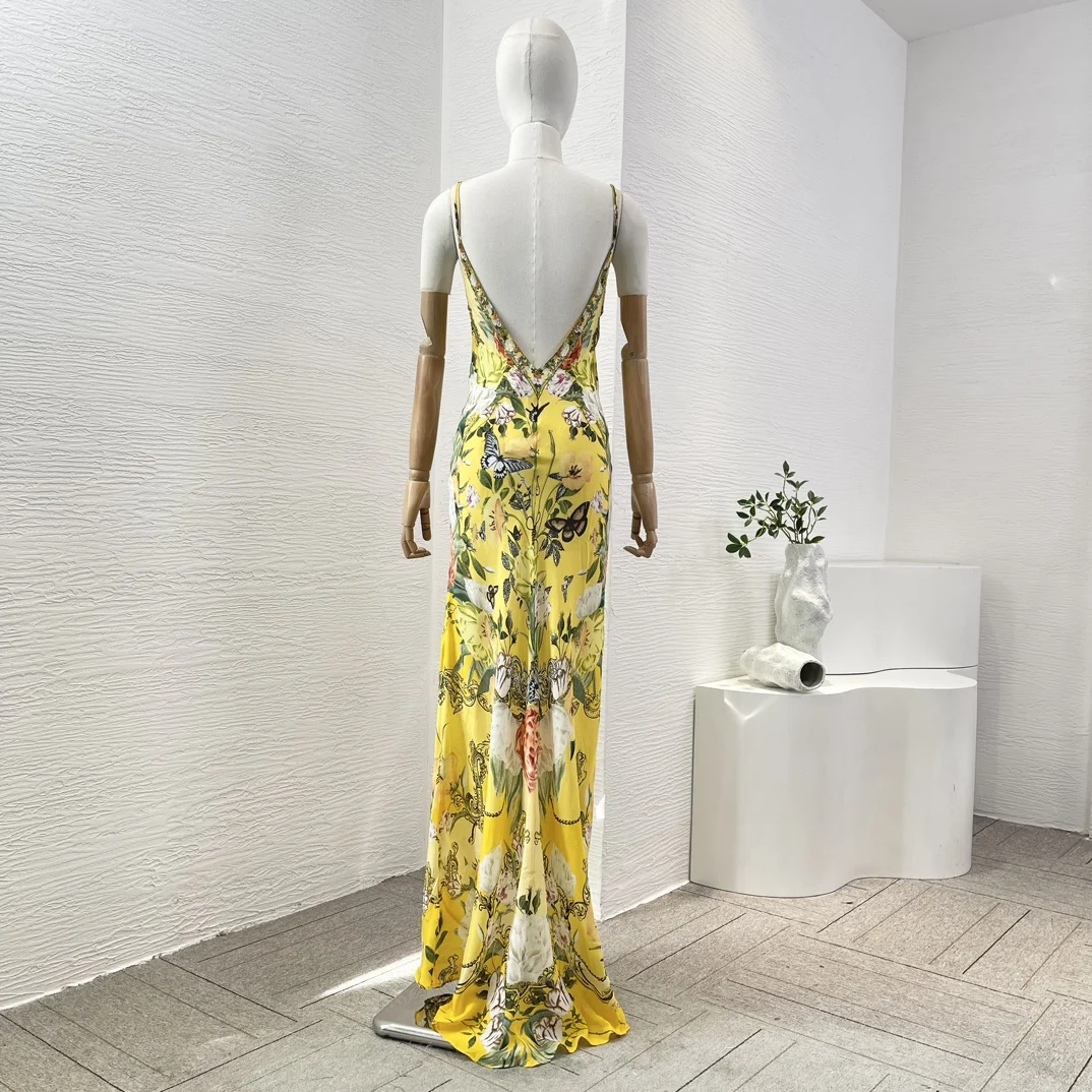 Silk High Quality 2024 Re-tro Yellow Floral Print Sleeveless Elegant Diamonds Backless Women Vacation Maxi Summer Camisole Dress