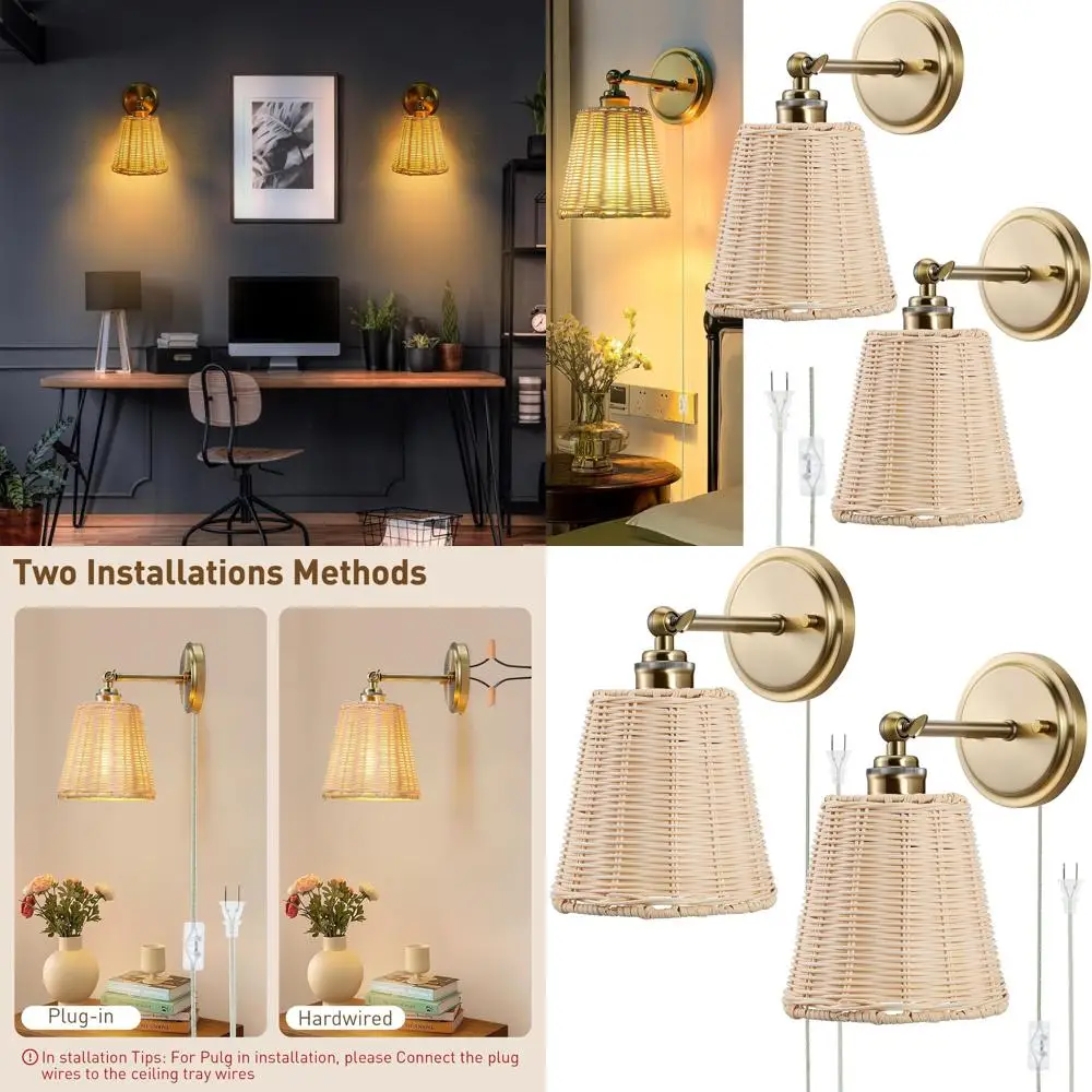 

Набор из двух настенных бра из ротанга, подключаемый плетеный абажур, внутреннее освещение в стиле бохо для дома