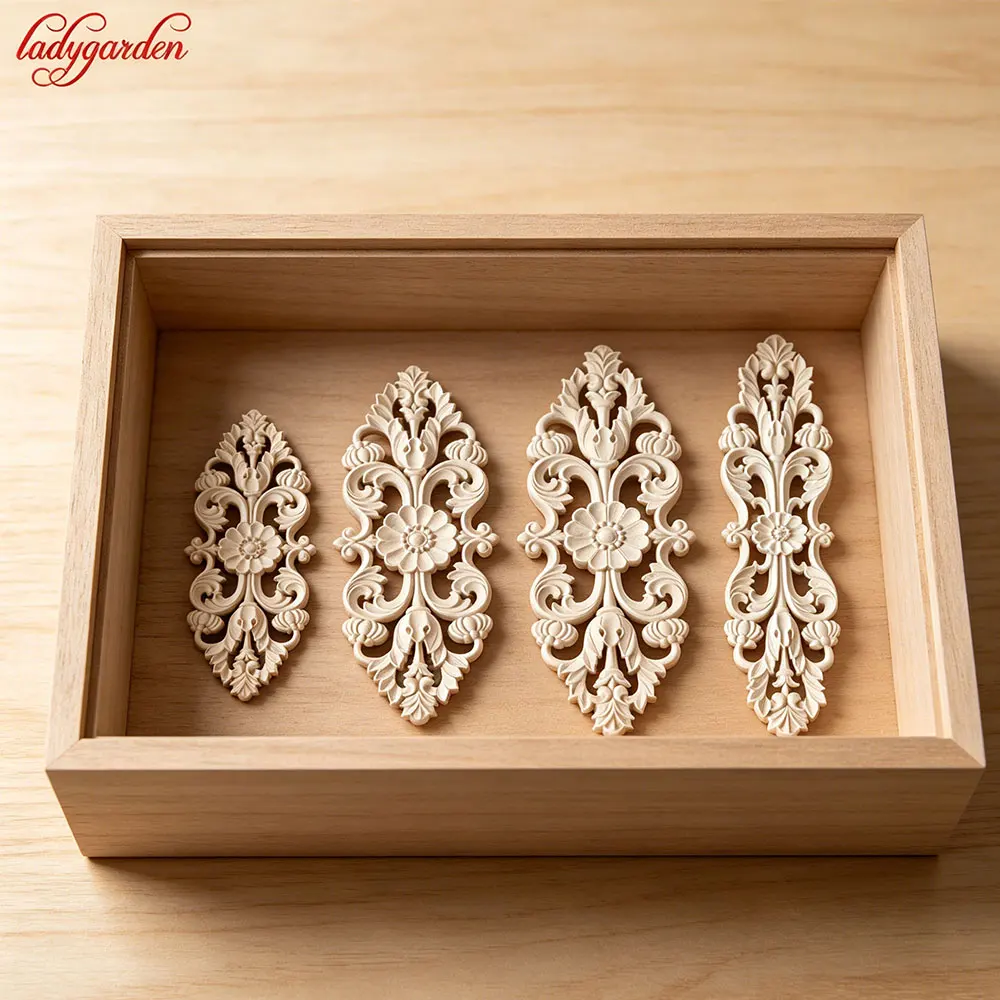 Unpainted Exquisite Decorative Classic Wood Carved Applique Retro Door Heart Shaped Long Flower Figurine Miniature Ornaments
