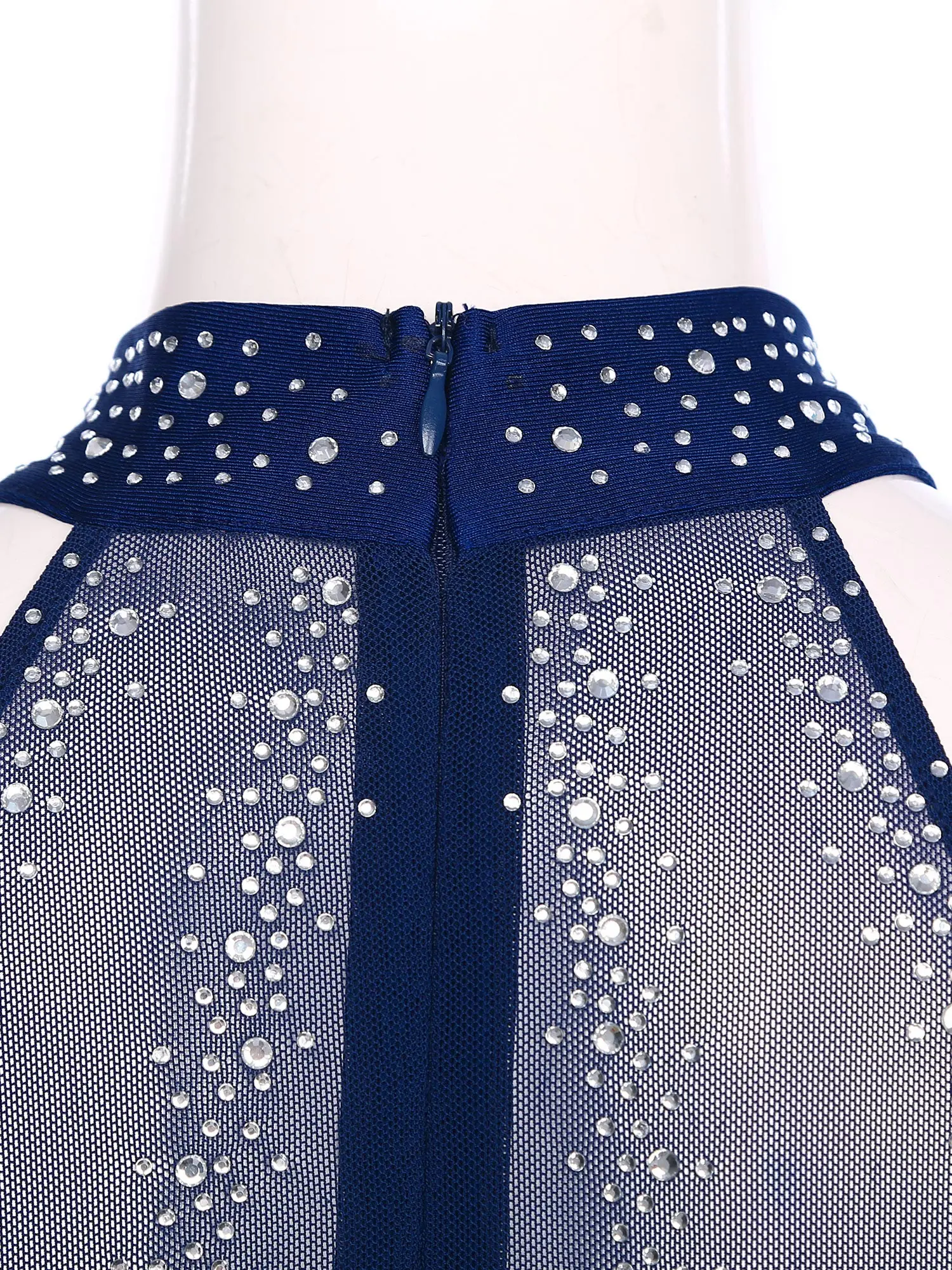 

Women Acrobatics Dance Figure Skating Costume Ballet Gymnastics Jumpsuit Rhinestones Sleeveless Sheer Mesh Splice Leotard Dress