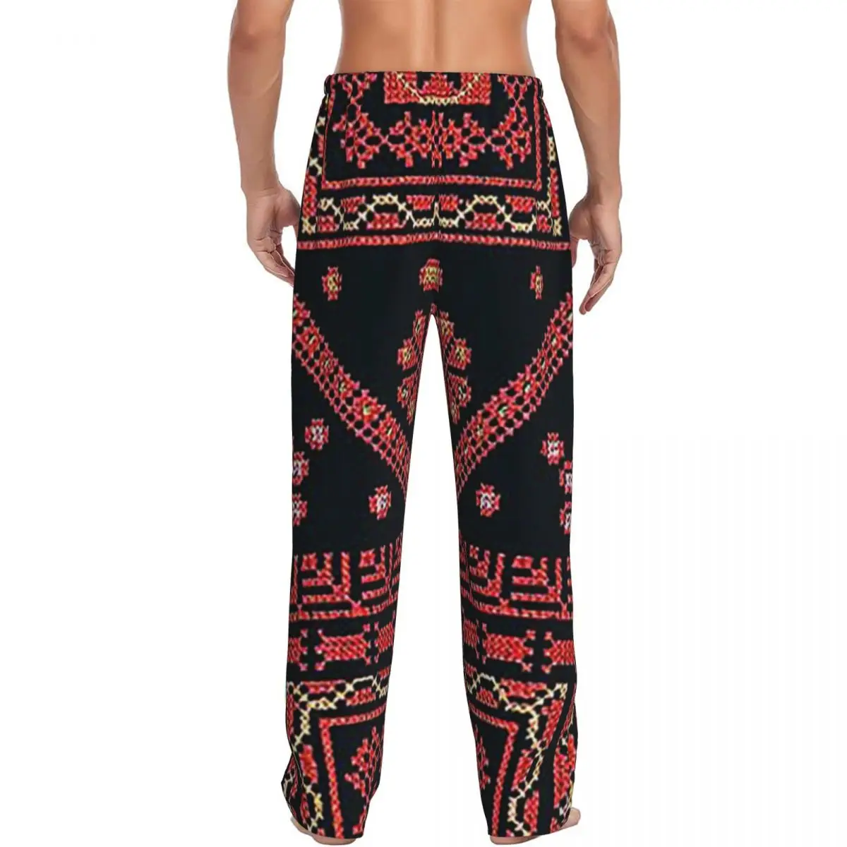 Custom Three Flowers Palestinian Embroidery Pajama Pants Men Sleepwear Sleep Lounge Bottoms with Pockets