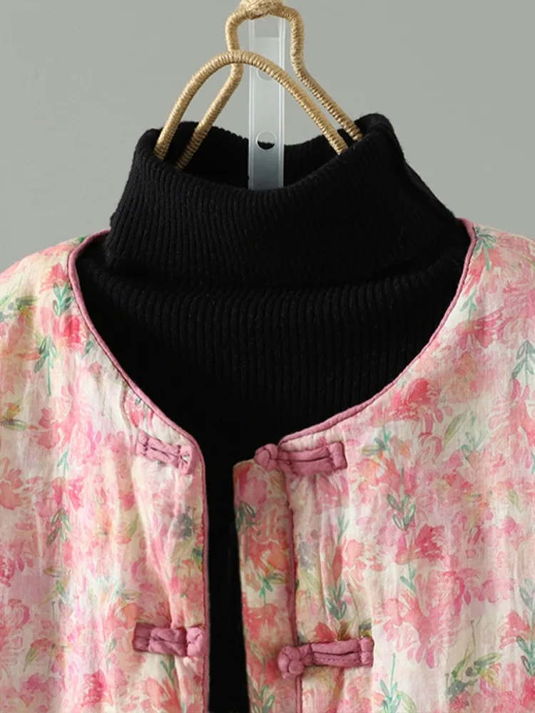 Retro Pink Floral Print Cotton Jacket Women's Winter Coat Buttonless Loose Fit Casual Style Warmth Comfortable Chinese Style
