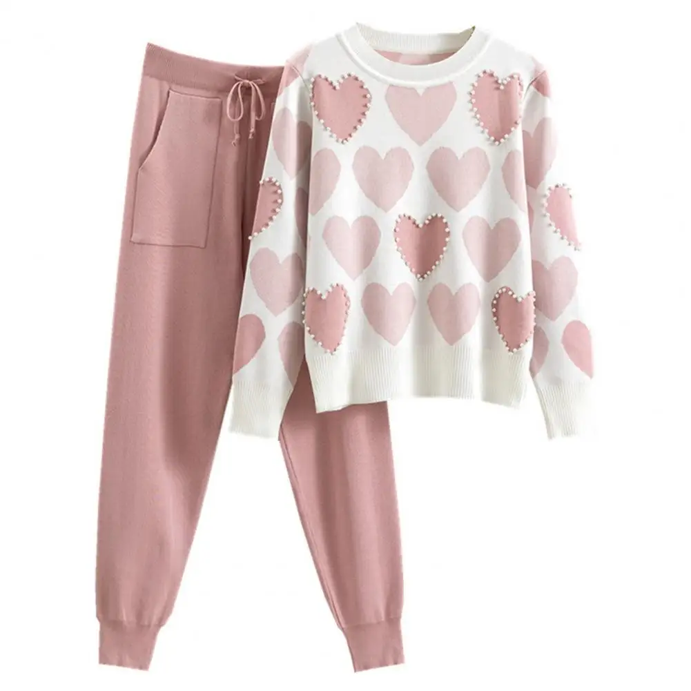 Women Two-piece Top Pants Set Heart Print Bead Decor Women\'s Tracksuit Set with Round Neck Sweatshirt Elastic Waist Sweatpants