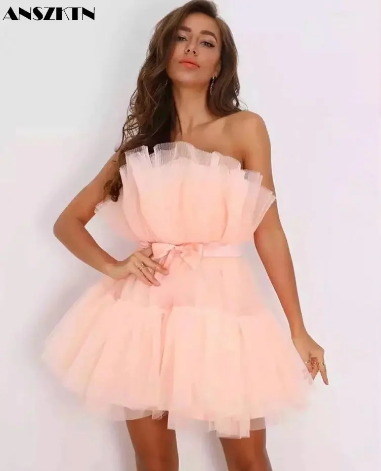 ANSZKTN Bustier Sleeveless Mesh Bow Poncho Dress Women