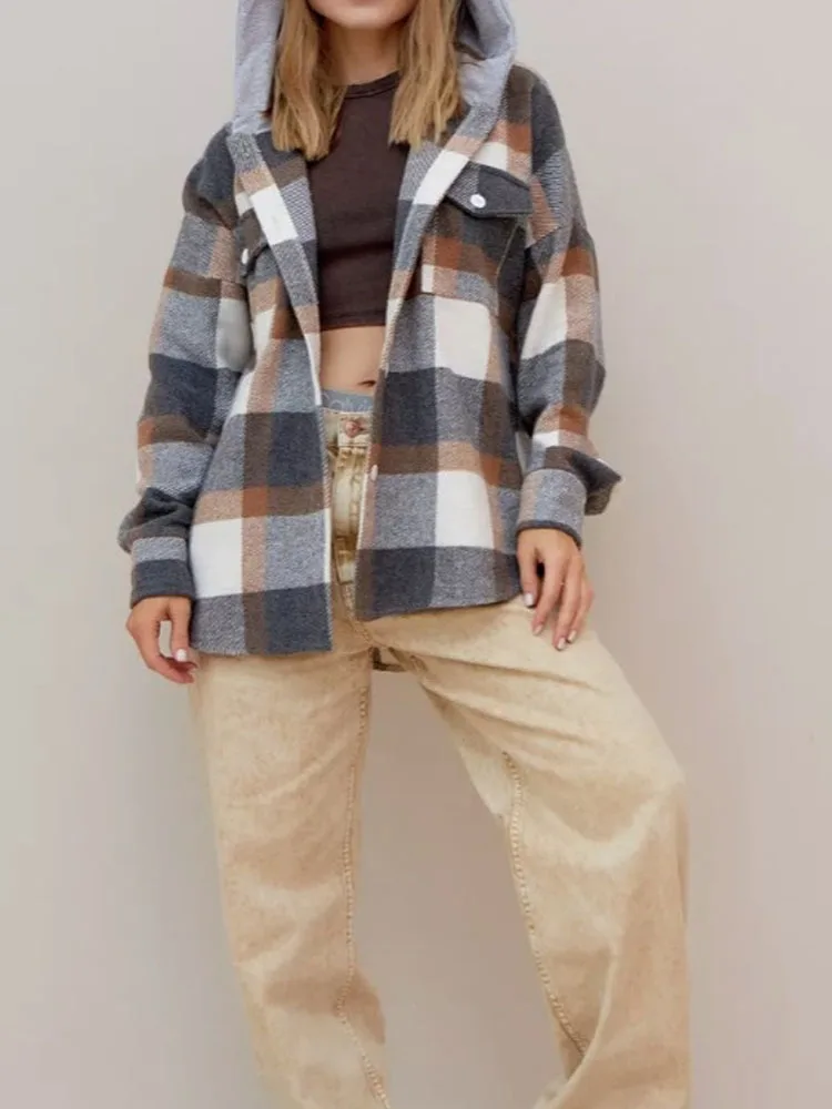 

Casual Long Sleeve Hoodie Coats Autumn Winter Elegant Wram Soft Short Jacket 2025 Fashion Street Checked Print Women's Clothing