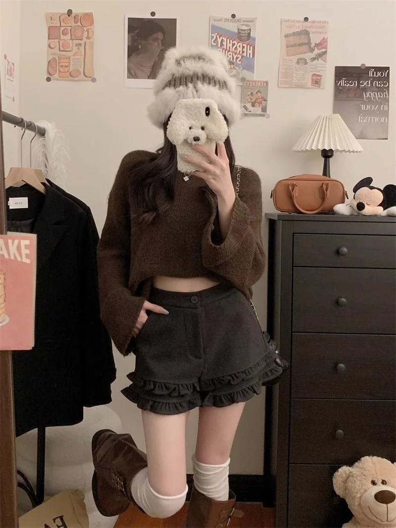 

American style spicy girl high waisted deep gray shorts autumn/winter Y2K style versatile mushroom edge casual shorts emo