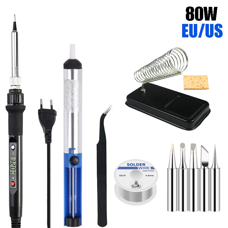 

80W Electric Soldering Iron Kit with Digital Temperature Adjustable Welding Tool and Solder Tin Iron Tips, 110/220V EU/US Plug